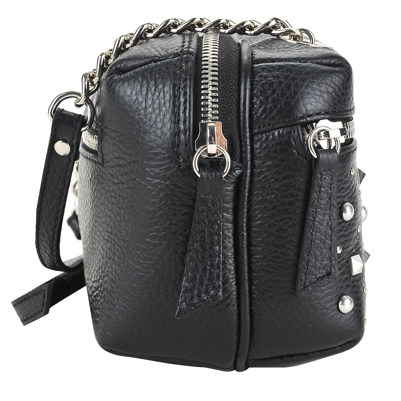 Черная кожаная сумочка через плечо с серебряными клепками Marina Creazioni 